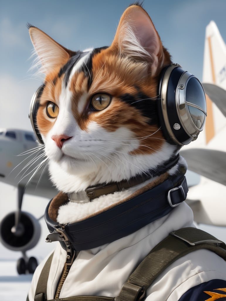 Photorealistic portrait of a calico cat in a pilot's outfit, realism, a plane in the background, snow