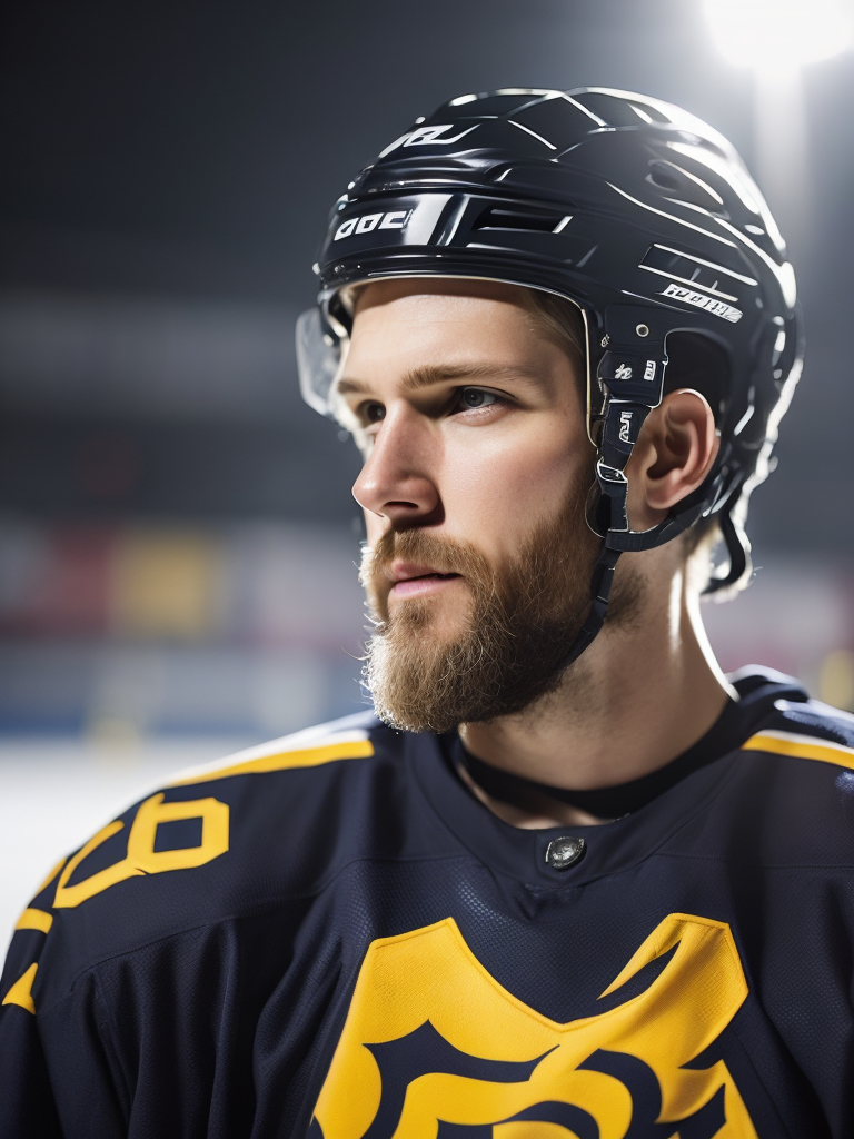 portrait of an ice hockey player Pavel Bure with beard, hockey uniform, in front of the ice hockey rink, sharp focus, Dramatic Lighting, Depth of field, Incredibly high detailed, blurred background