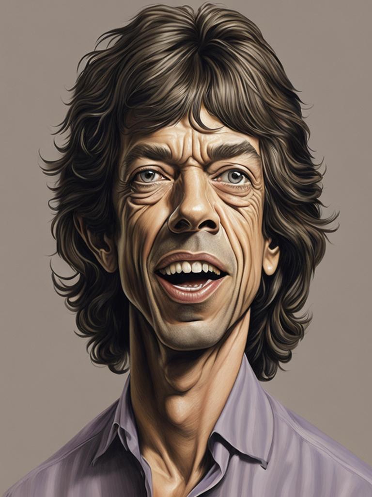 Mick Jagger drawing, in the style of iconic pop culture caricatures, hyperrealistic paintings, john larriva, chris dyer, alberto giacometti, light brown, humorous caricature