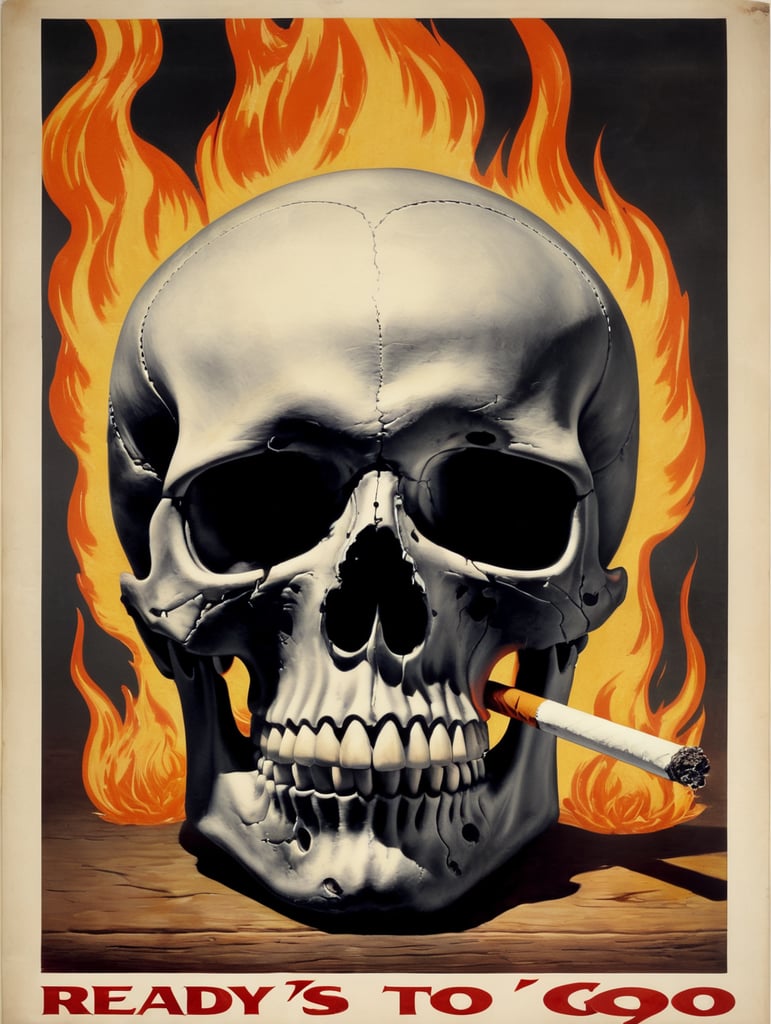 Skull with Burning Cigarette, "Ready to GO" text on poster