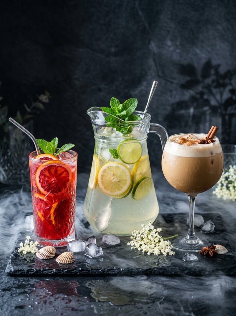 Three iced beverages rest on a wet, dark slate surface enveloped in swirling white vapor. A textured highball glass holds a vibrant crimson drink layered with blood orange slices. A central glass pitcher brims with a pale citrus infusion, lemon wheels, and fresh mint. Beside it, a stemmed balloon glass contains a frothy, opaque tan iced beverage. Ridged seashells, scattered ice cubes, and delicate white blossoms surround the drinks against a moody charcoal background, captured with dramatic studio lighting and sharp foreground focus.