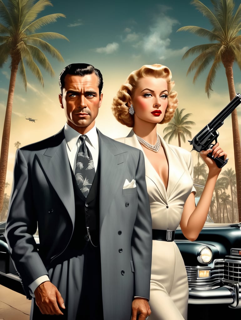 Hollywood 1940's film noir poster collage, glamorous woman, handsome older man in suit, mobster with gun, Cadillac, spotlights, movies, palm trees.