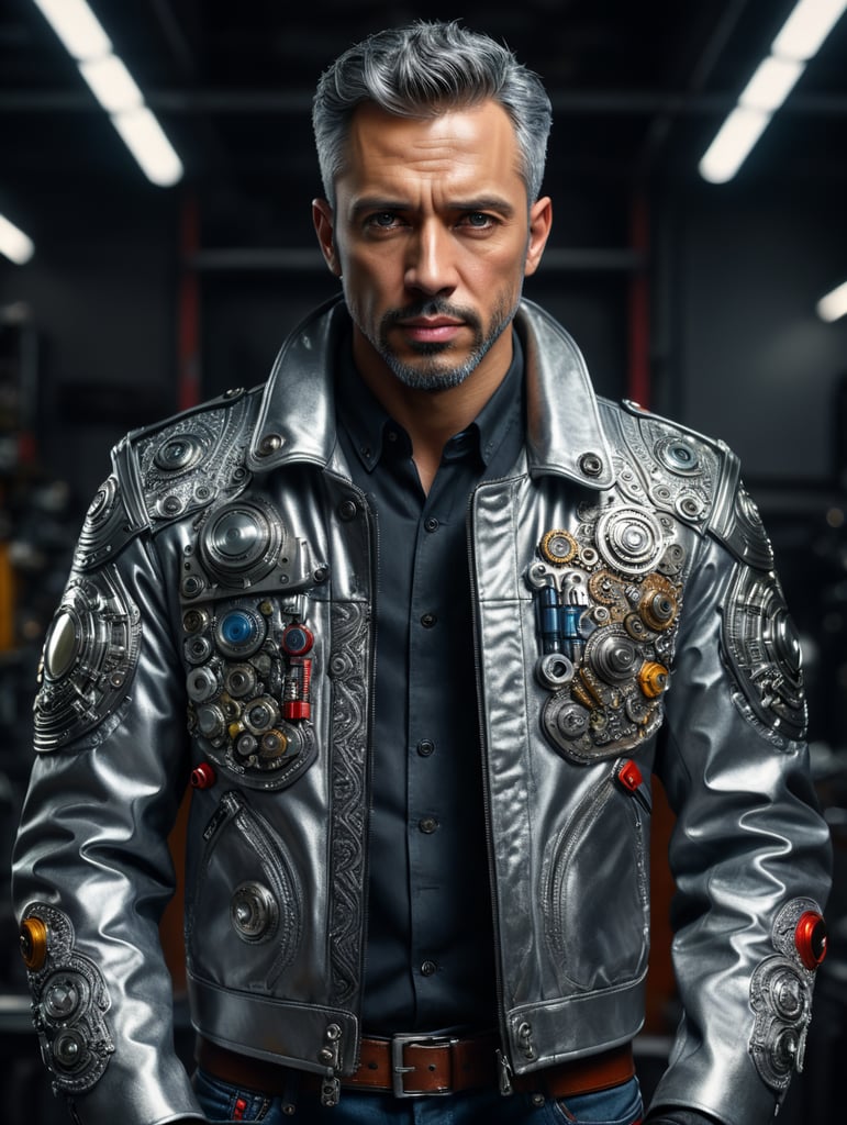 Jacket, futurist, mechanic, silver, shot on leica, fashion portrait, by kith