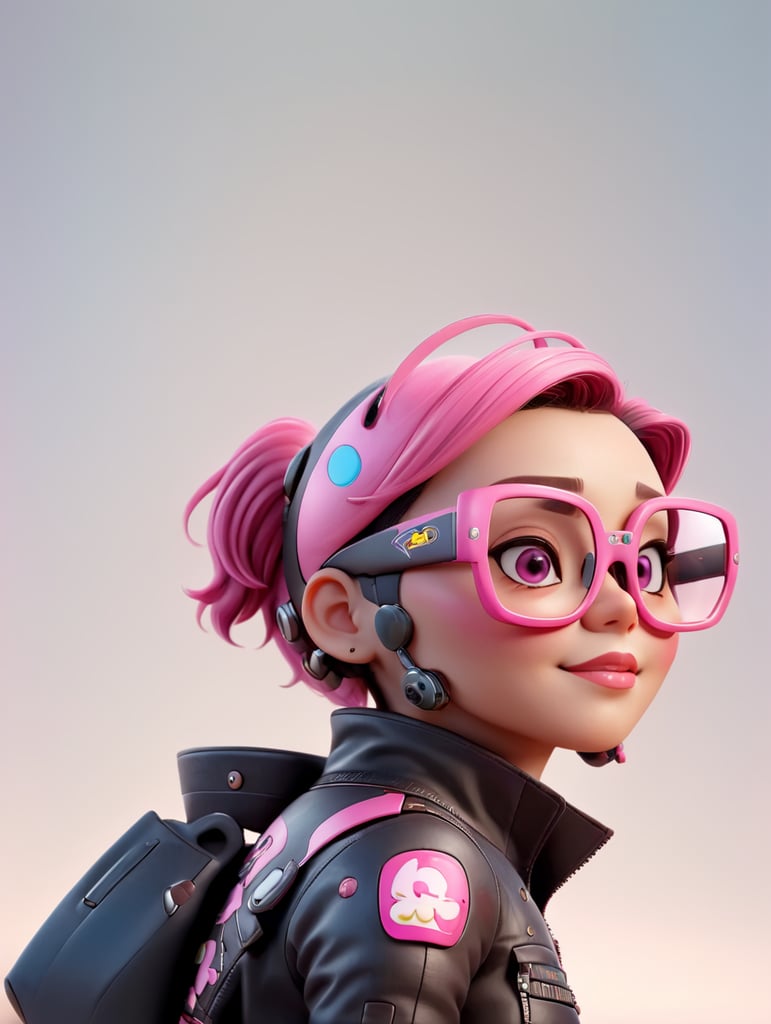 cyborg android, dressed in pink glasses and a leather jacket