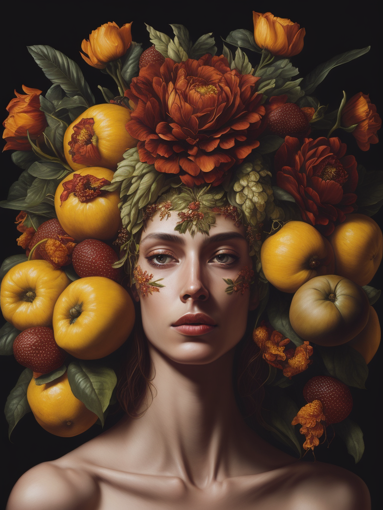 a painting of a woman's head surrounded by flowers and fruit, Painting, Oil, Still Life, Botanical, Italy, style of Giuseppe Arcimboldo