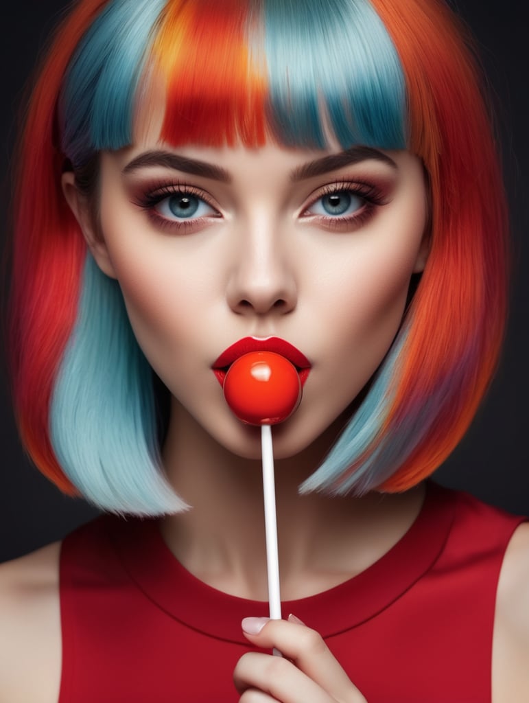 Photography of girl with a lollipop in her lips, face closeup, beauty girl in the style of Mary Quant, Vivid saturated colors, Contrast color, studio photo, professional photo, Rich colors, Detailed image, detailed face