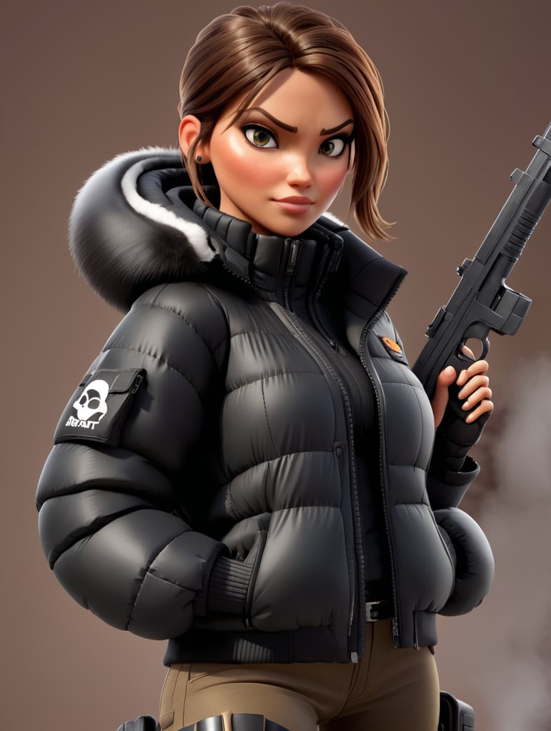 Lara croft with gun wearing a black puffer jacket