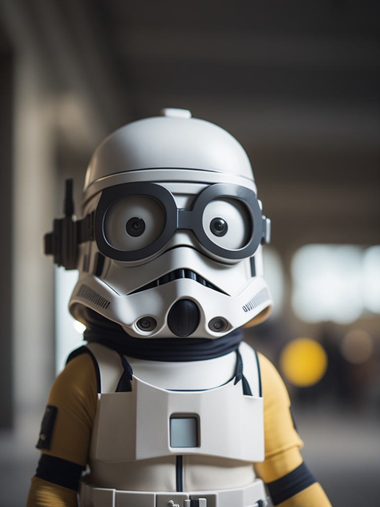 A minion wearing the clothes of a stormtrooper