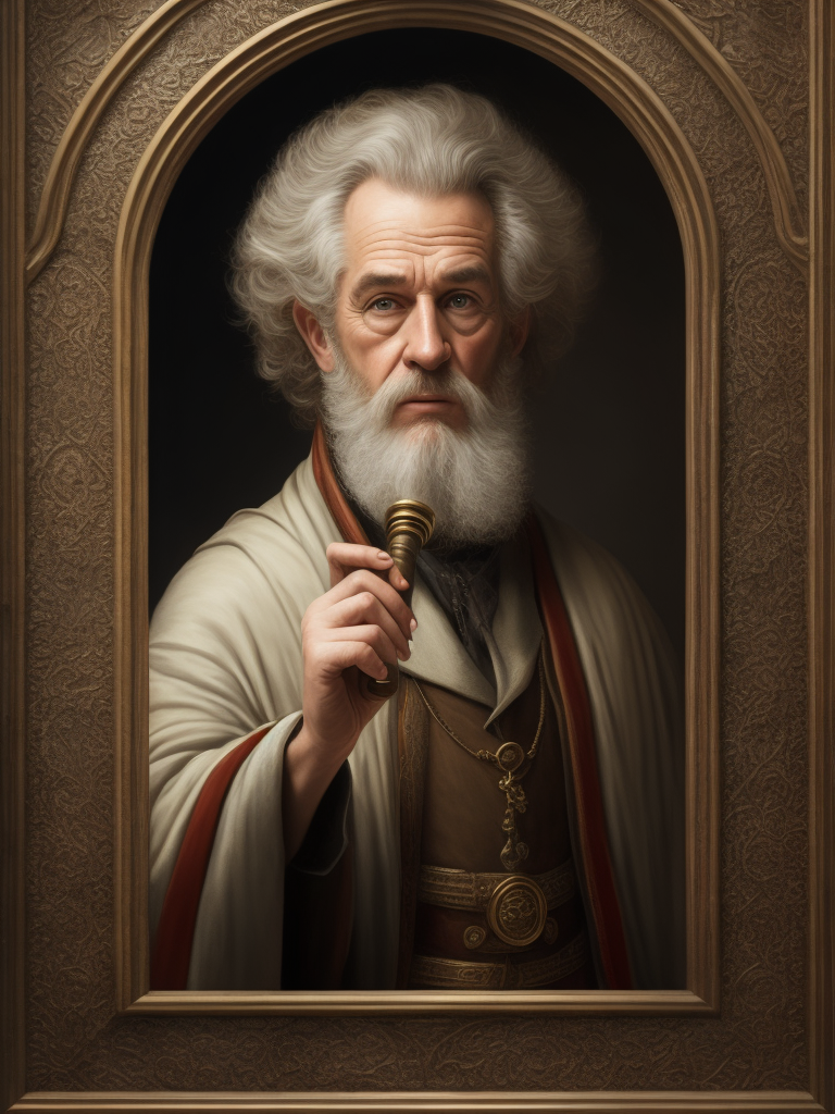 Portrait of a scientist in the 1400s, Afanasy Nikitin, fair-haired curly beard, blond hair, age 60, dressed in a painted caftan, holding a spyglass