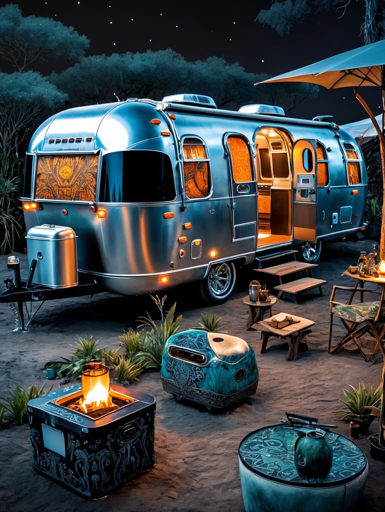 Airstream camping trailers, batik, intricate details, surreal, Alien, Cyberpunk Trashcore Style, s 1000