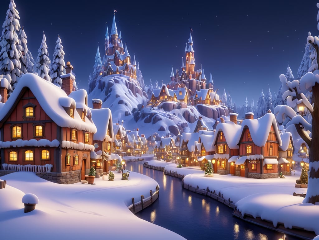 Night view of the magical, snow-covered village in Disney Pixar style, ultra-realistic.