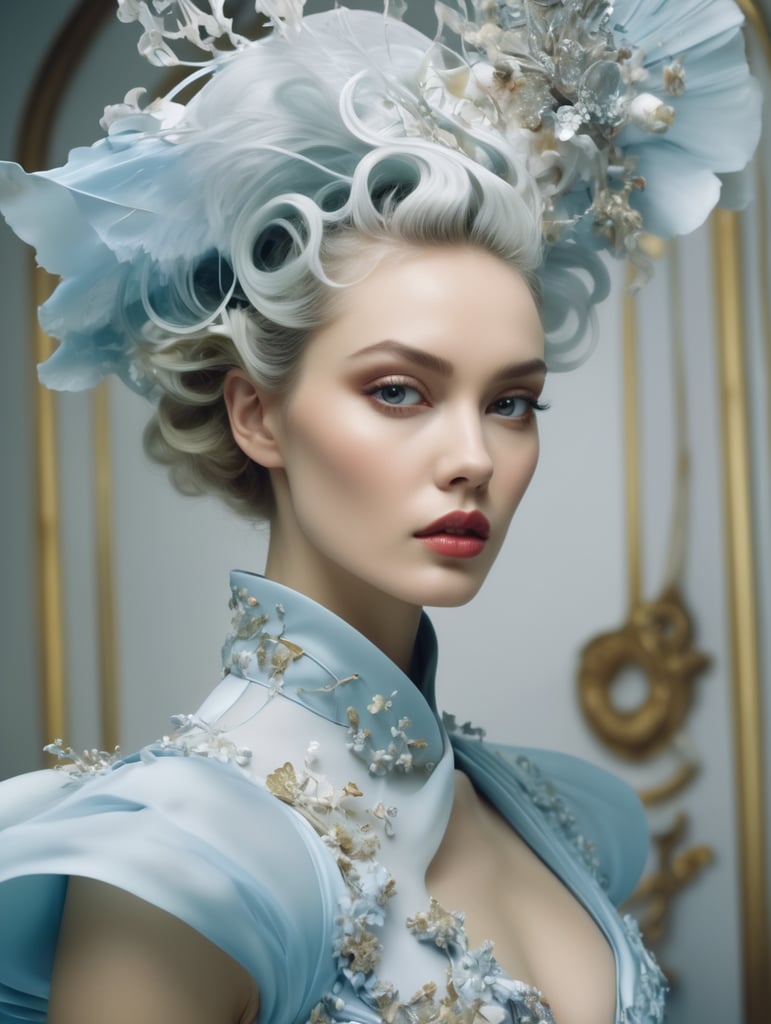 Tim Walker style award winning intrinsic detail dreamscape photo-art high fashion portrait style of a female supermodel with stylized modern hair in John Galliano fashion design in a high fashion studio, hd, 8k