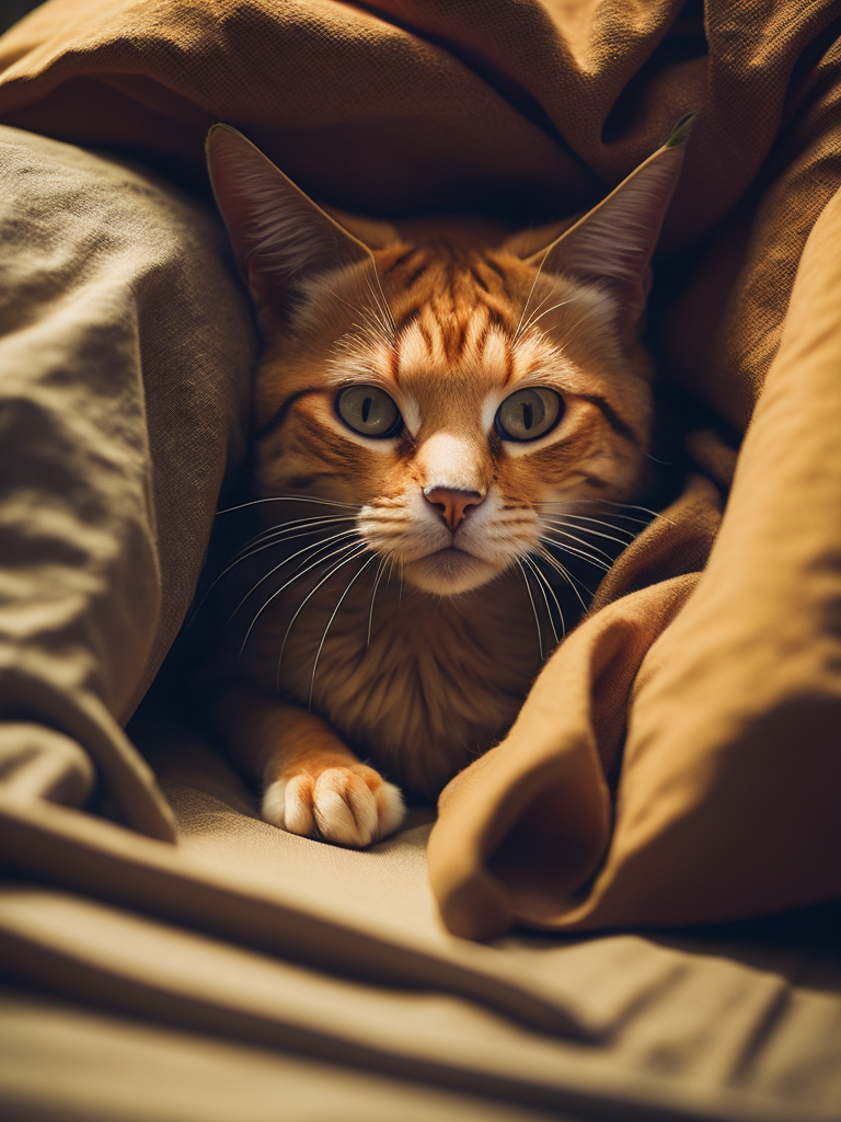 Рыжий кот спит со смешным лицом на кровати с бежевым одеялом. В стиле реализм.