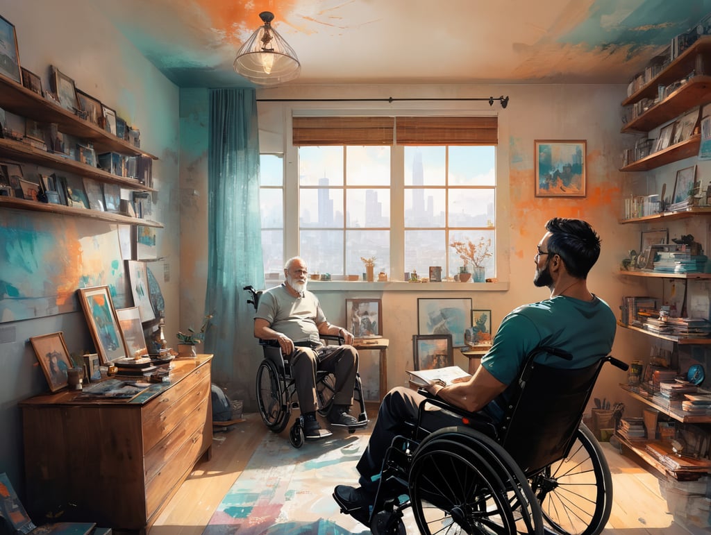 In a softly lit, cozy living room, a man sits in his wheelchair, a look of determination on his face. His wife stands beside him, her hand on his shoulder, radiating unwavering support and love. On the wall, a shelf holds numerous medals and awards, a testament to his strength.
