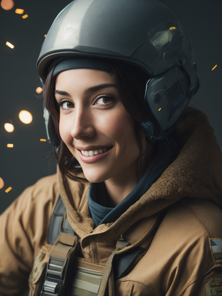 american soldier woman from counter-strike game in winner pose with smile on the face, helmet, confetti background, happy, ultra realism, super detailed, neon colors, magazine cover, professional shot, magazine photography, bright saturated colors, sharp focus, highly detailed