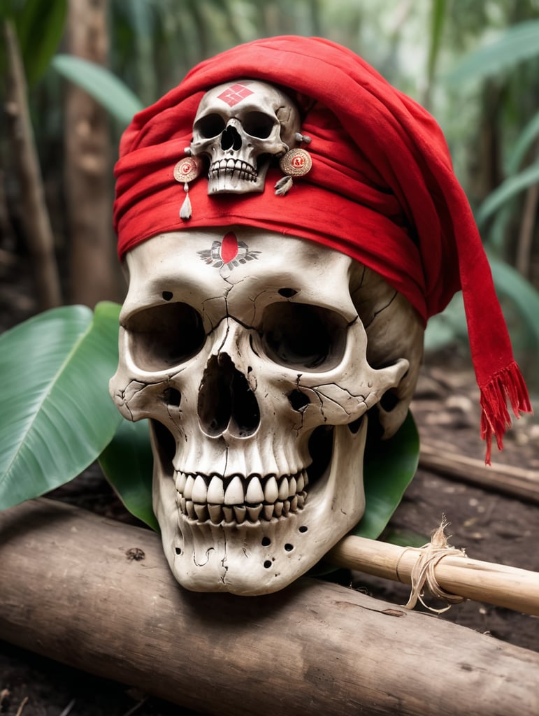 a skull with a piece of red cloth over the eyes ritualistic placed on a wooden stick,in a jungle village, aztec, water color