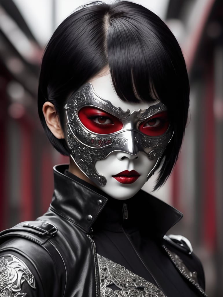 Japanese vampire woman, short black hair wearing a silver mask. Covered a Her eyes . Red lenses contact . Wearing leather black jacket , in a sinister environment