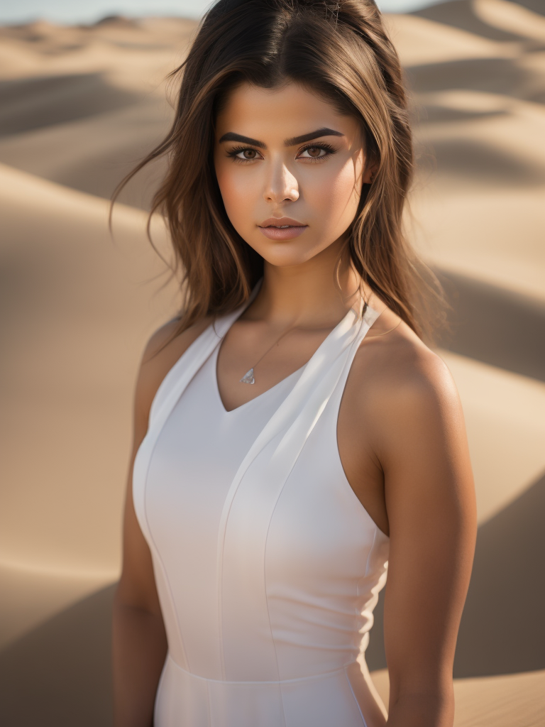 Portrait of Selena Gomez, chrome swimsuit, bright and saturated colors, elegant, highly detailed, vogue, fashion magazine, sharp focus, Depth of field, Incredibly high detailed, against the backdrop of sand dunes,