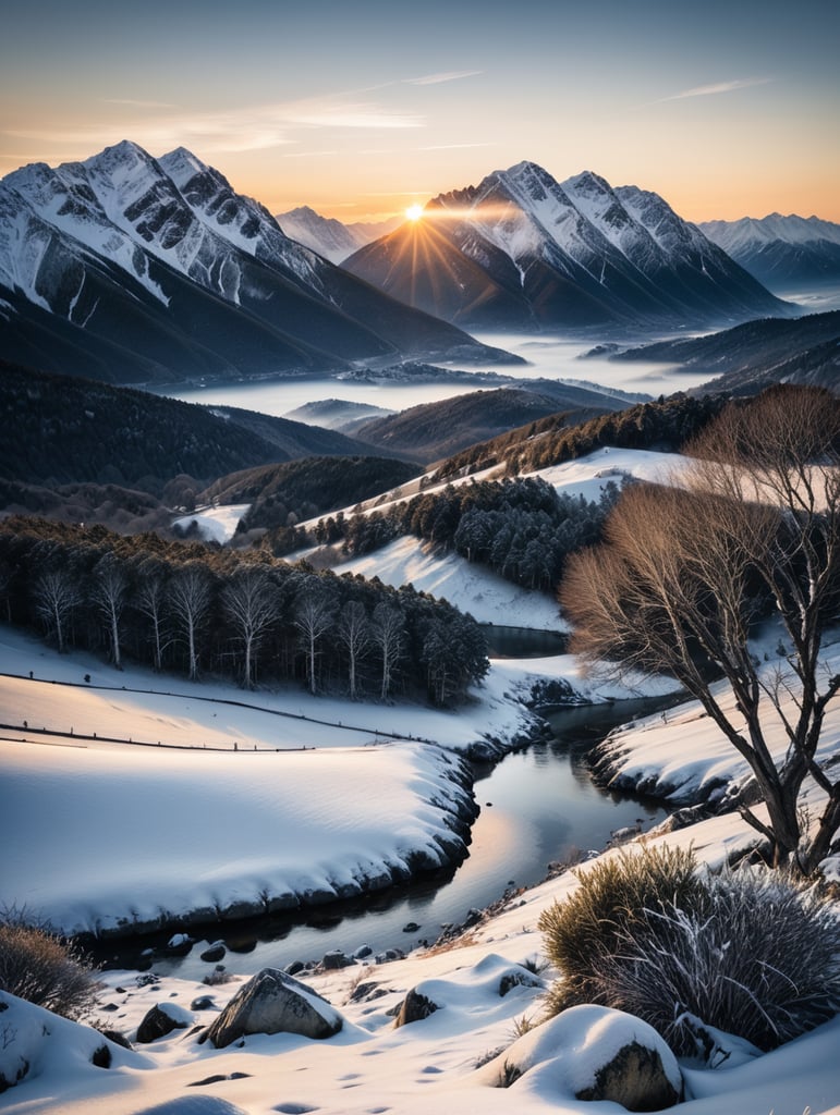 Sunrise in snowy mountains