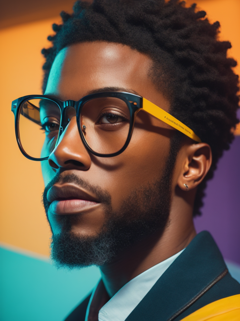 Detailed portrait of the singer the Weekend, Glasses with colored lenses, bright saturated colors, with a small beard, afro hairstyle, bright gradient background,