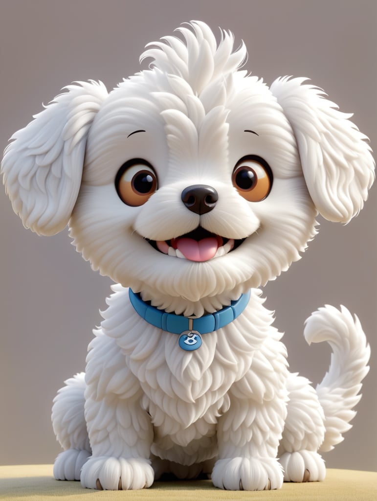 A smiling Maltipoo dog with one head, whole body, big Pixar-character kawaii style brown eyes in the style of a Disney Pixar 3d character