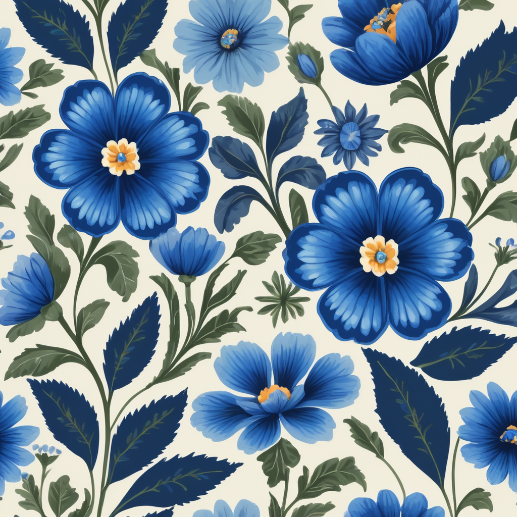 Seamless pattern beautiful floral pattern with blue flowers in the background, in the style of polish folklore motifs, juliana nan, mexican folklore - inspired, tivadar csontváry kosztka, clara peeters, texture exploration, blue color scheme, blue pallete, amoled, 264k render HD