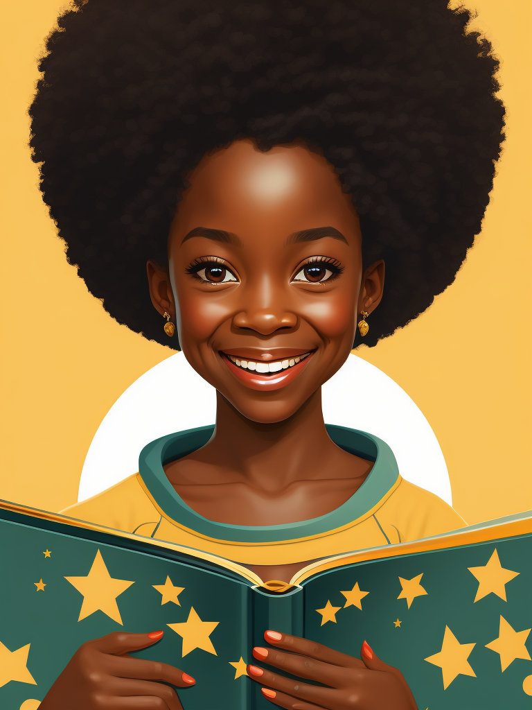 Smiling black woman, afro, award winning children's book illustration style, 2d illustration, white background, front view, vector