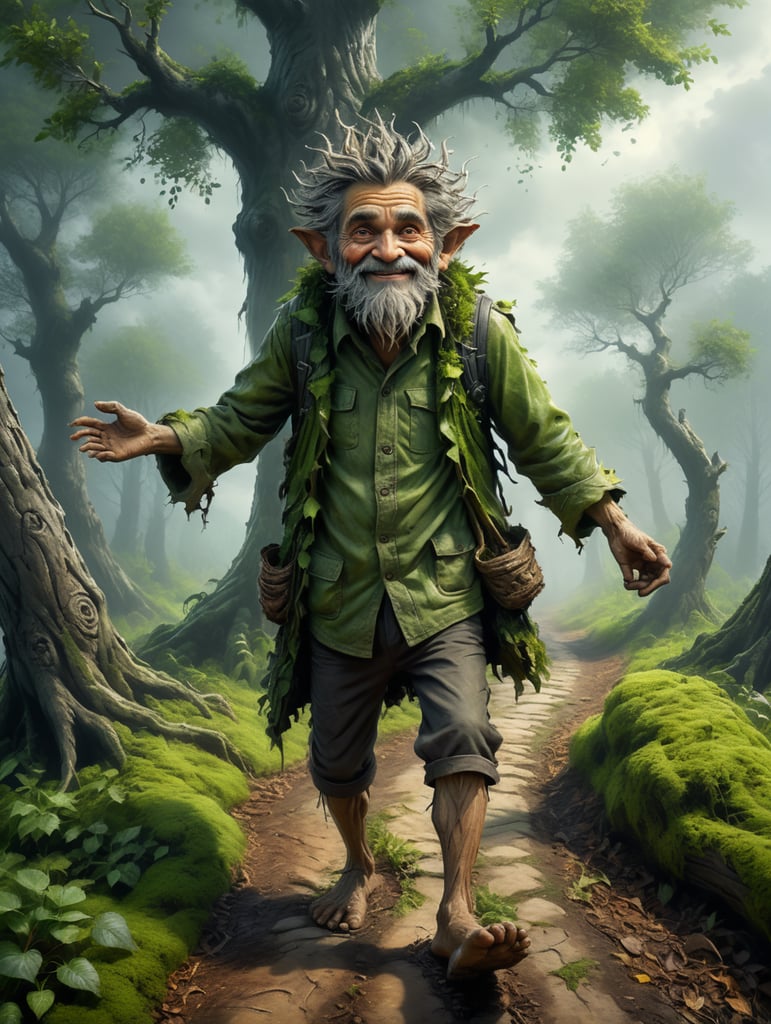 A tree in the shape of a very, very old, friendly, slightly smiling, small wood sprite, a baggy jacket made completely out of Ash leaves and baggy trousers made out of Ash tree bark. Arms raised up to the sky, green skin, bare human feet and untidy hair. Behind him just a misty path.