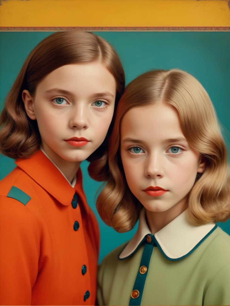 Vintage portrait of two girls, Wes Anderson style, Incredibly high detail, Bright colors