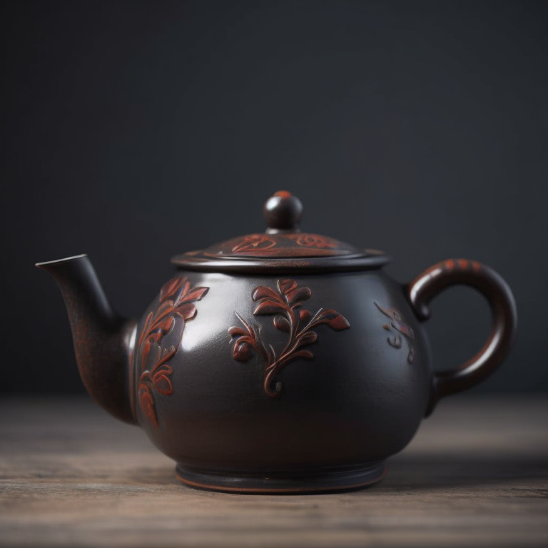 ancient small clay and glazed Chinese teapot, deep atmosphere, realistic photo