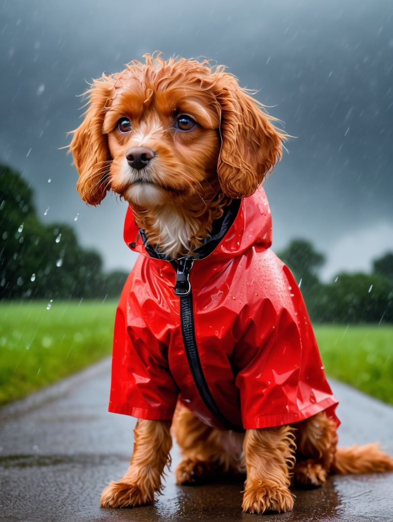 Photo of a soaked red cavapoo in a thunderstorm wearing a raincoat with cloudy sky and heavy rain, mystic, sad face