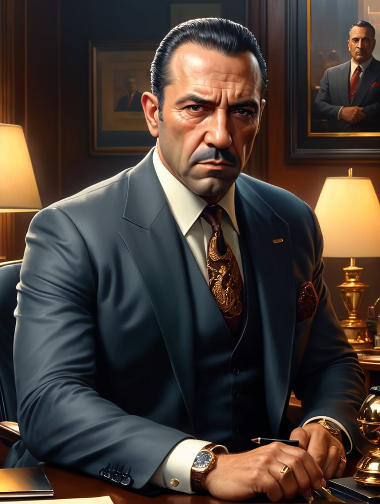 beautiful oil matte portrait painting, mafia boss at his 50s new york office desk, wonderful masterpiece highly detailed, beautiful cinematic light deep focus, elegant, digital painting, smooth, sharp focus, golden ratio, dramatic illumination, ultra realistic, 8k, art by jimmy law