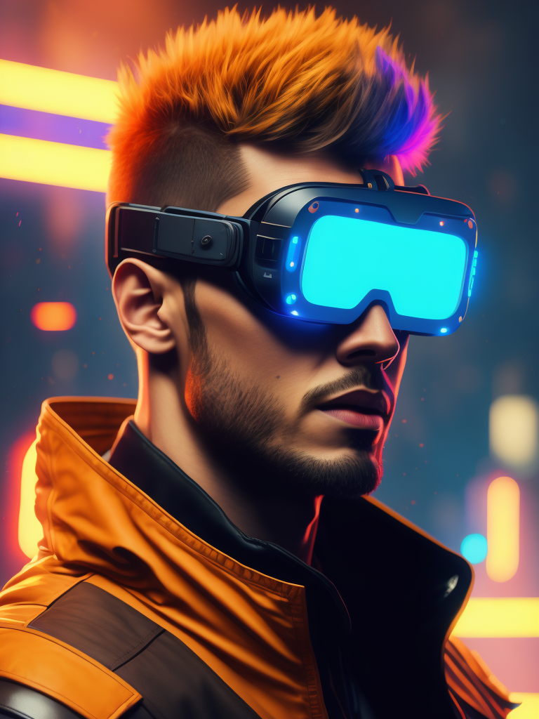 Man wearing virtual reality glasses, cyberpunk style, neon colors, bright colors, bright blue glowing glasses, sharp details, contrasting light