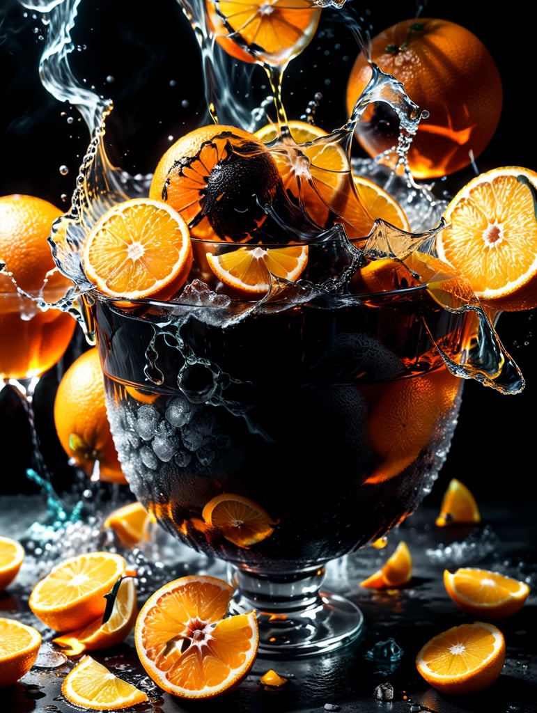 only Full oranges, and orange slices floating, mixed orange liquid, orange background, smoke, icy slushee, 4k photo-realistic