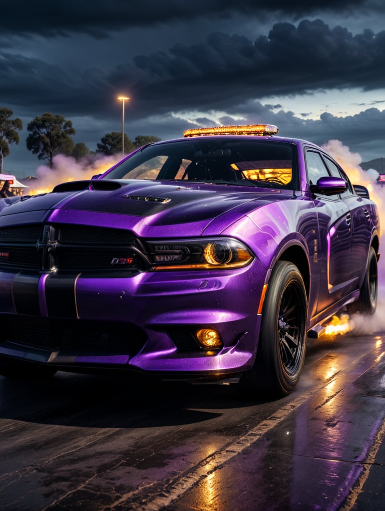 Souped up purple halloween dodge charger, drag racing death on a horse