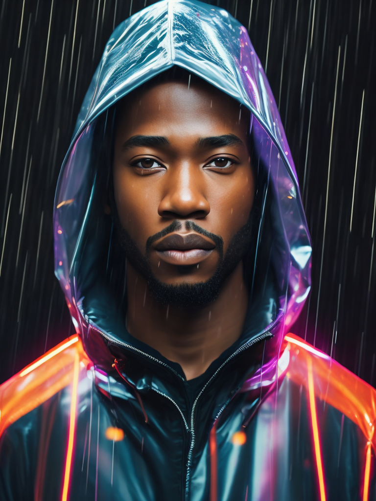 a black man wearing ((transparent raincoat)), under the rain, ultra realistic, neon lights