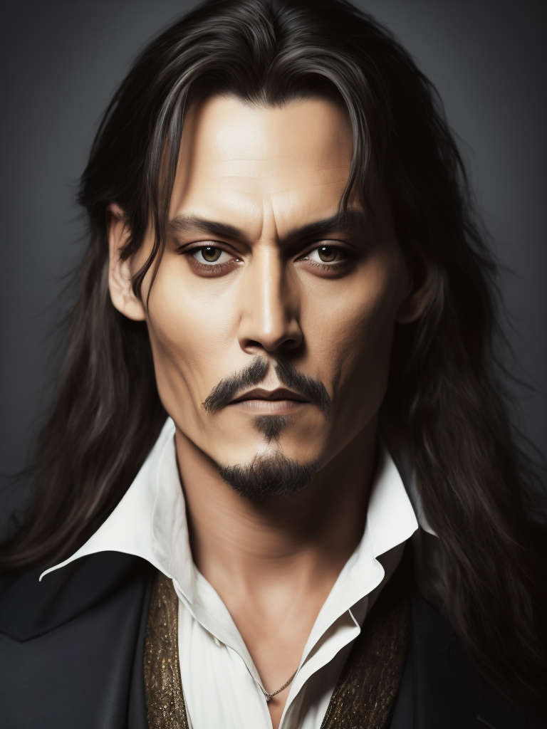 Portrait of Johnny Depp as Count Dracula, majestic look, long hair, he wears 18th-century style clothing, dark background, contrasting light, detailed face, muted tones