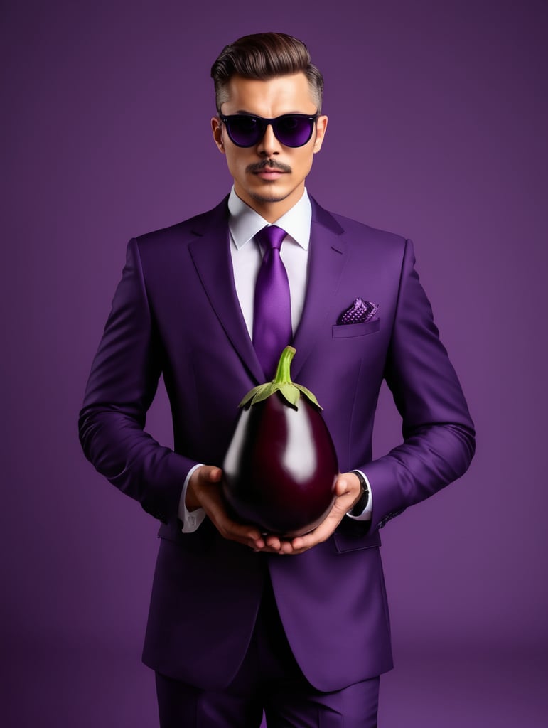 A man in a business suit with a eggplant for a head, dark purple background, sunglasses, isolated, style of James Bidgood