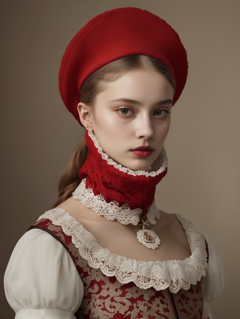 The girl is dressed in a red balaclava and a baroque collar, Romina Ressia style