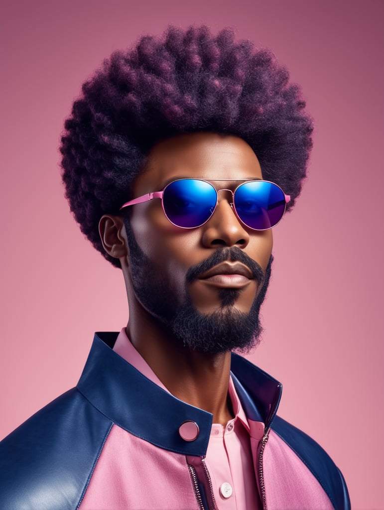 Afro ebony man, sunglasses, avant-garde, simplygo, photoshoot spread, dressed in all indigo, pink background, harpers bizarre, cover, headshot, hyper realistic