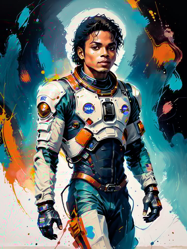 Michael Jackson wearing an astronaut suit while doing the moonwalk. Simple drawing.