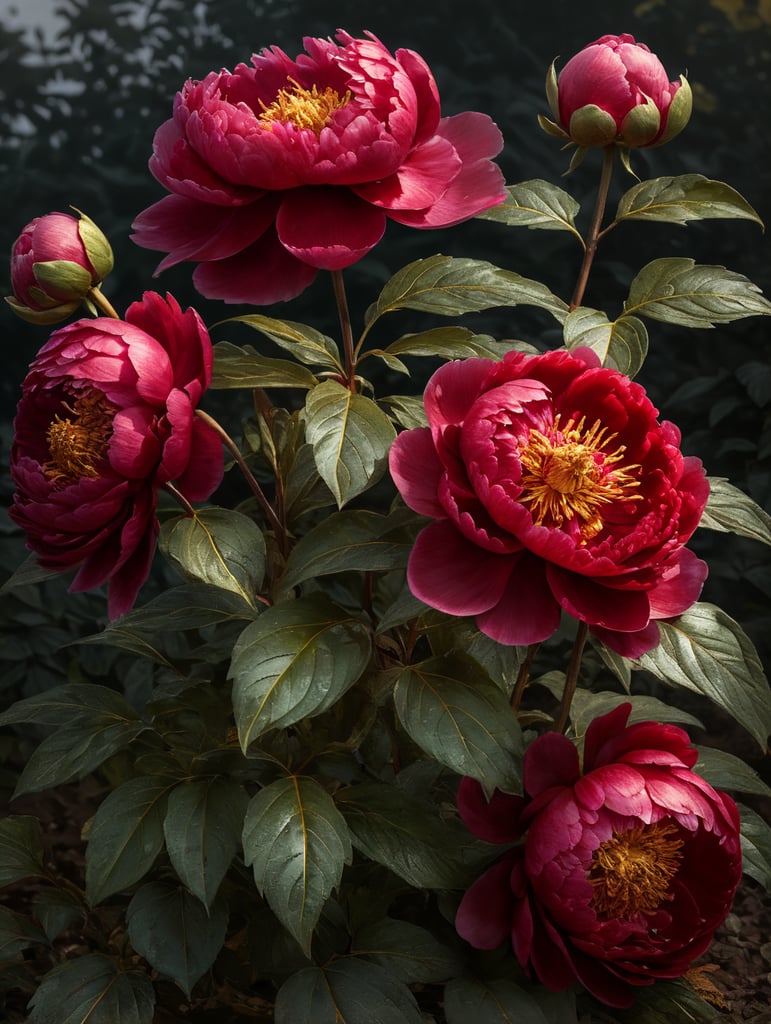 red peony with golden leaves on a flower bed