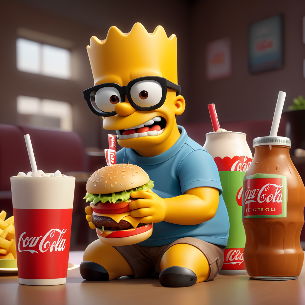 bart simpson eat hamburger and drink coke