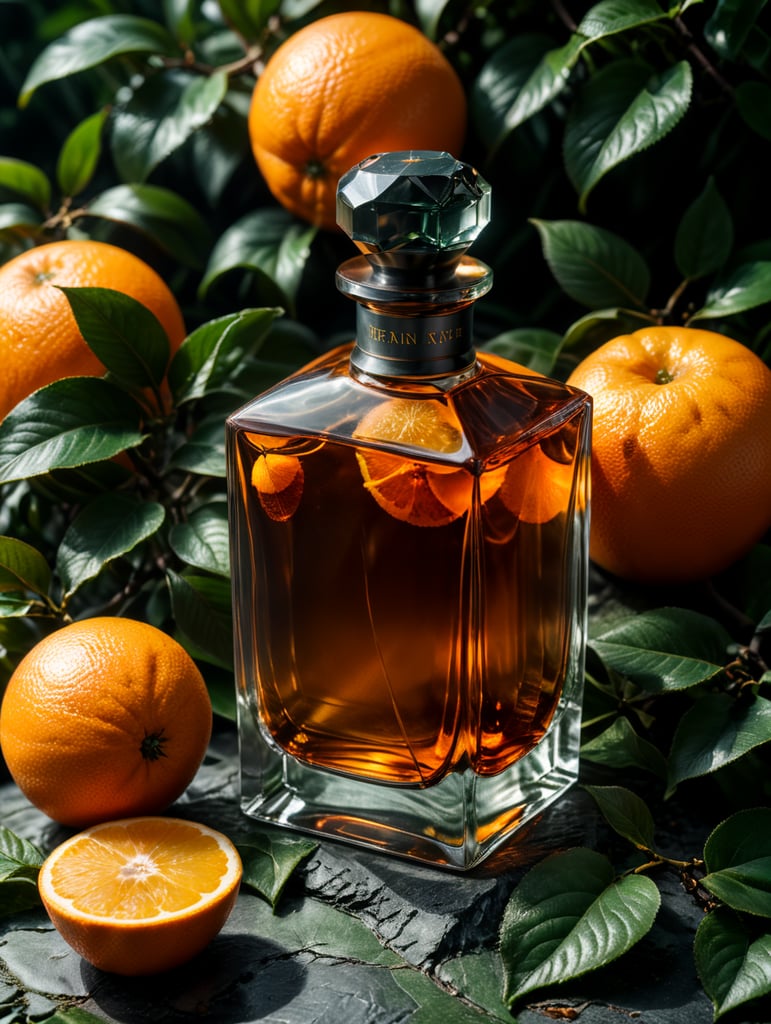 professional photography of a luxury perfume, orange fruits around, orange forest, green satin scarf, no label, clear, mockup