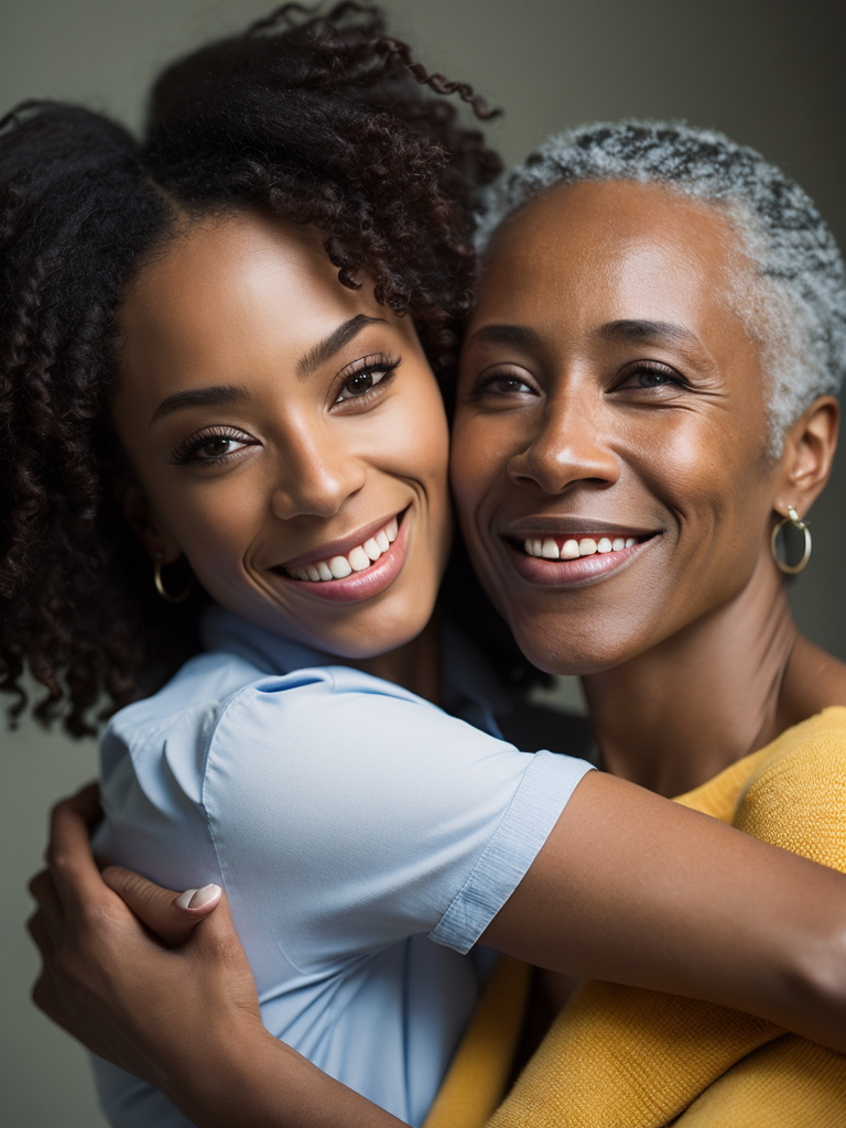 African-american woman smiling, embracing granddaughter, highly detailed, sharp focus, dramatic lighting, depth of field, light color background