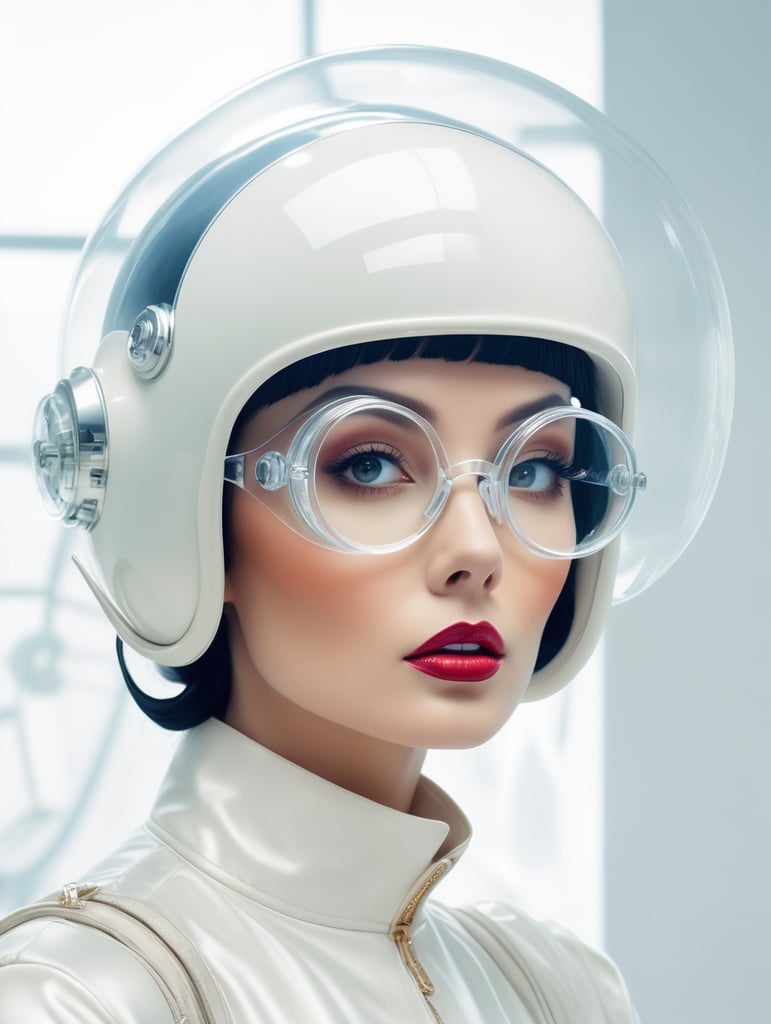 Photography in a vintage sci fi transparent space ship, 60's gorgeous nurse woman in a glossy satin white coat, wearing a large transparent plexiglass mickey mouse helmet glasses, 80 degree view, art by sergio lopez, natalie shau, james jean and salvador dali