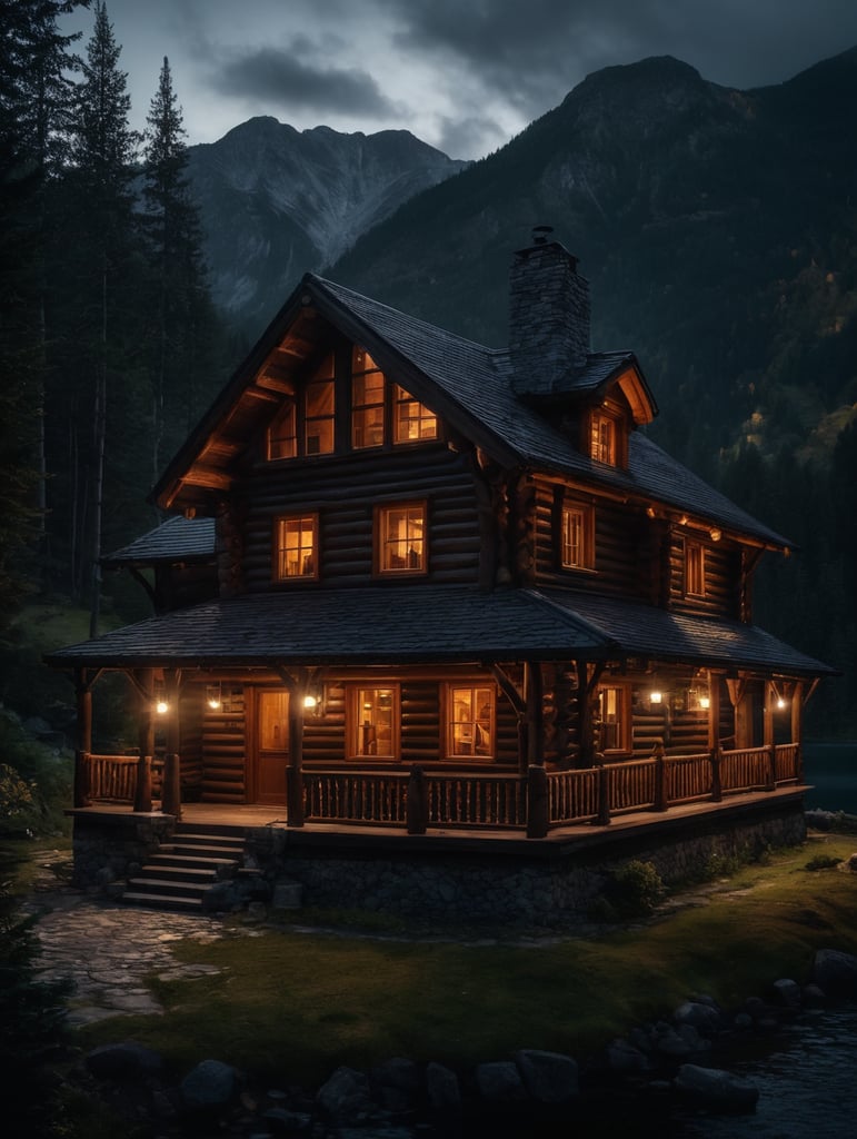 Professional evening photo of a small and cozy Log mountain house, mountains, lake, forest