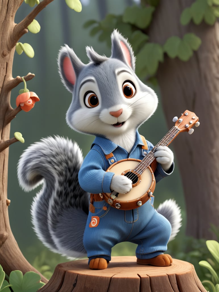 squirrel dressed in overalls playing a banjo on a tree stump