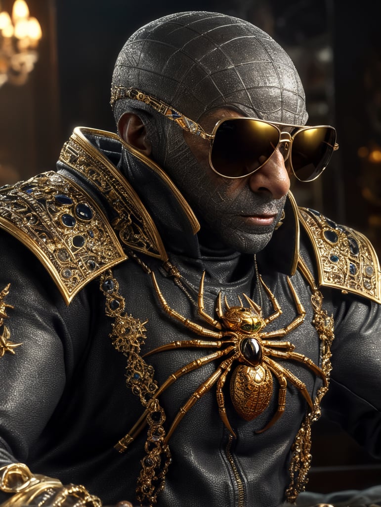 Eine ekelhafte Spinne, die eine Sonnenbrille,Goldschmuck und einen Trainingsanzug trägt