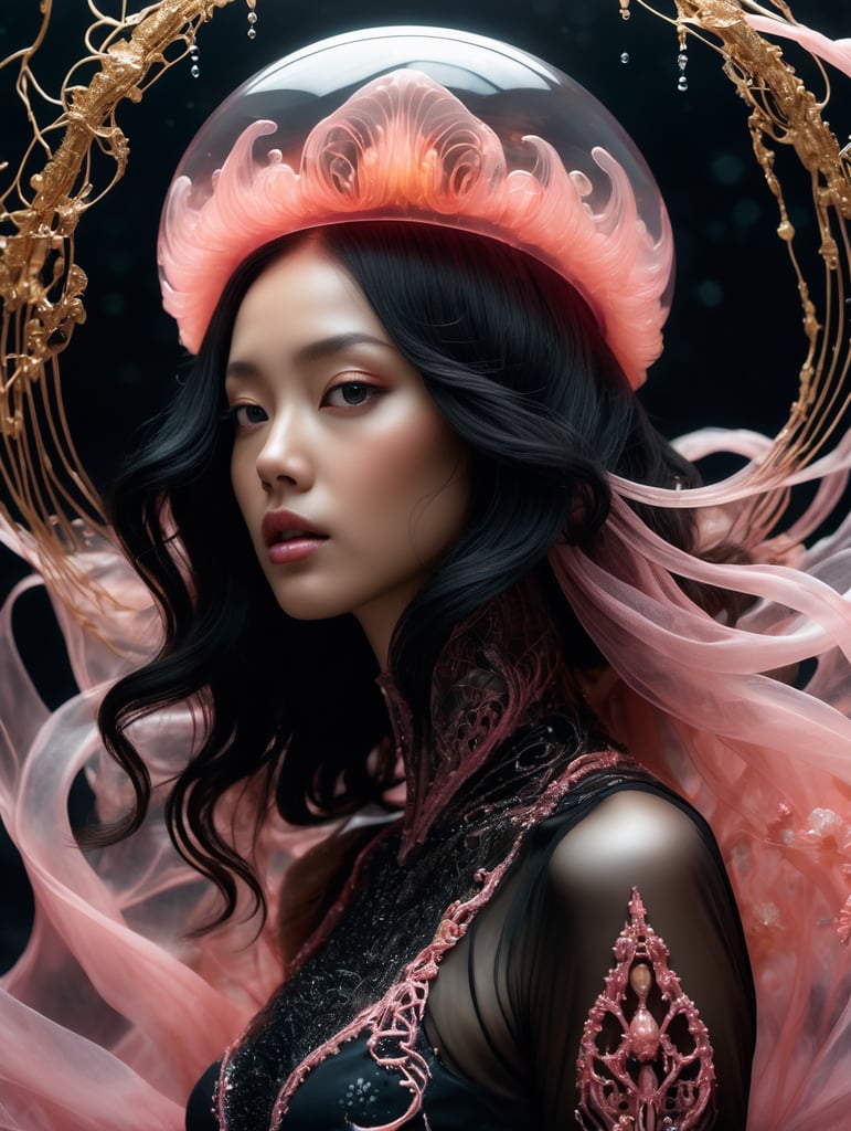 photo RAW, (Black and pink : a ghostly jellyfish, shiny aura, highly detailed, gold filigree, intricate motifs, organic tracery, by Android jones, Januz Miralles, Hikari Shimoda, glowing stardust by W. Zelmer, perfect composition, smooth, sharp focus, sparkling particles, lively coral reef background Realistic, realism, hd, 35mm photograph, 8k), masterpiece, award winning photography, natural light, perfect composition, high detail, hyper realistic